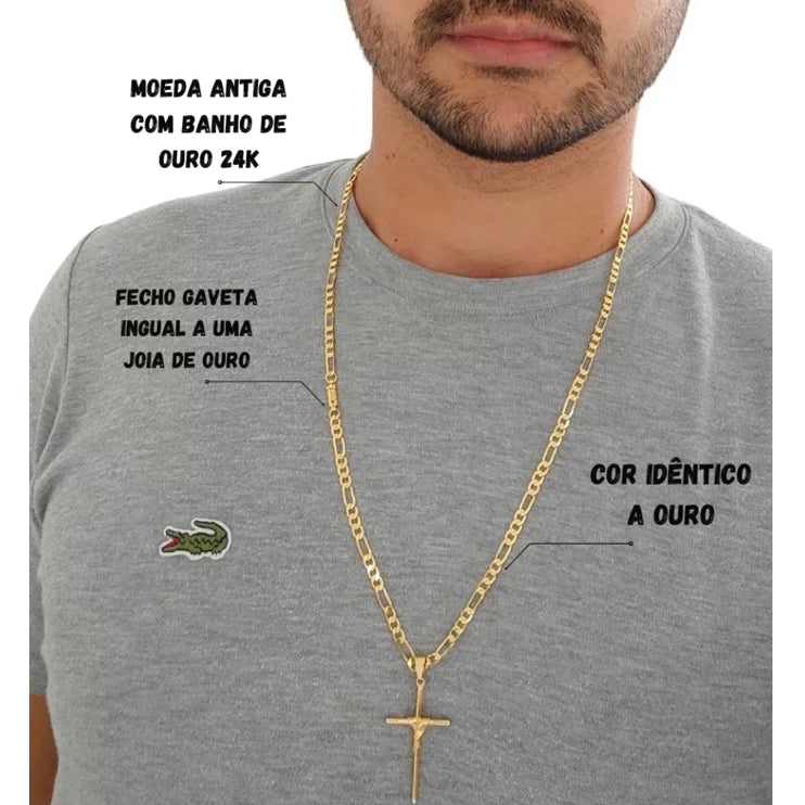 Cordão 3x1 e Pulseira 5 mm liga de moeda antiga banhado a ouro 18k