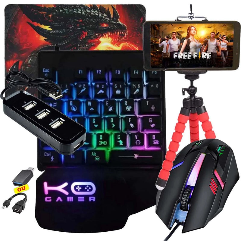 Kit Mobilador de Celular Teclado Uma Mao RGB + Mouse Gamer 1600dpi + Hub usb 4 Portas