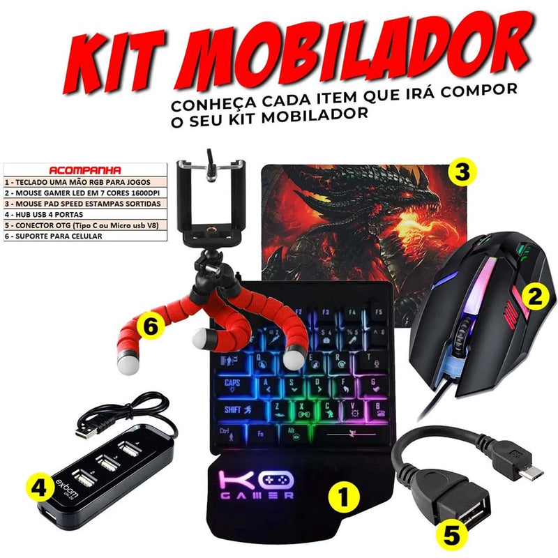 Kit Mobilador de Celular Teclado Uma Mao RGB + Mouse Gamer 1600dpi + Hub usb 4 Portas