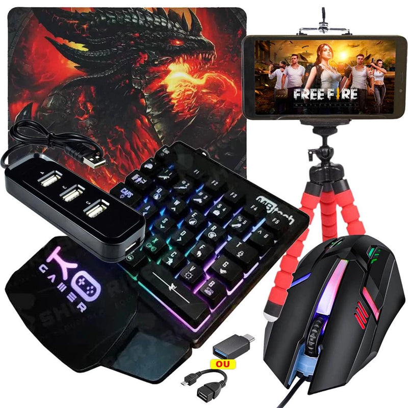 Kit Mobilador de Celular Teclado Uma Mao RGB + Mouse Gamer 1600dpi + Hub usb 4 Portas