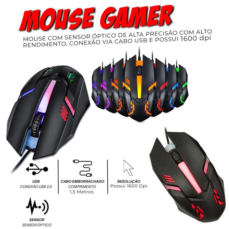 Kit Mobilador de Celular Teclado Uma Mao RGB + Mouse Gamer 1600dpi + Hub usb 4 Portas