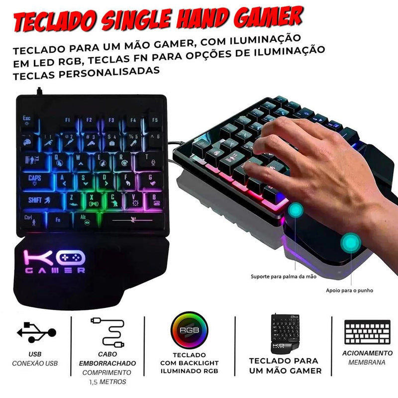 Kit Mobilador de Celular Teclado Uma Mao RGB + Mouse Gamer 1600dpi + Hub usb 4 Portas